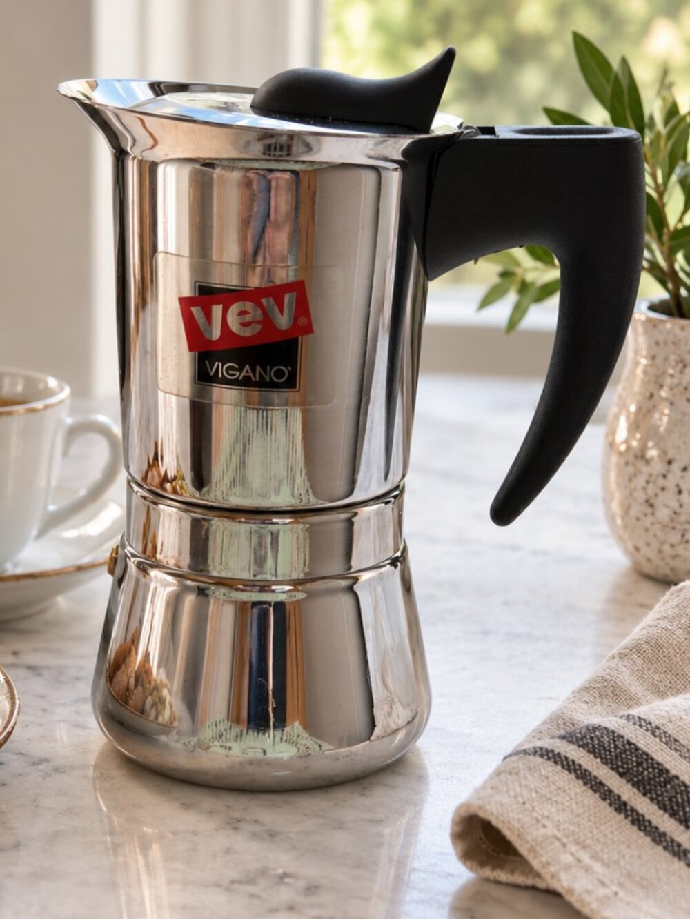 Vintage VEV Viganò Stainless Steel Italian Stovetop Espresso Maker Moka Pot 5.25
